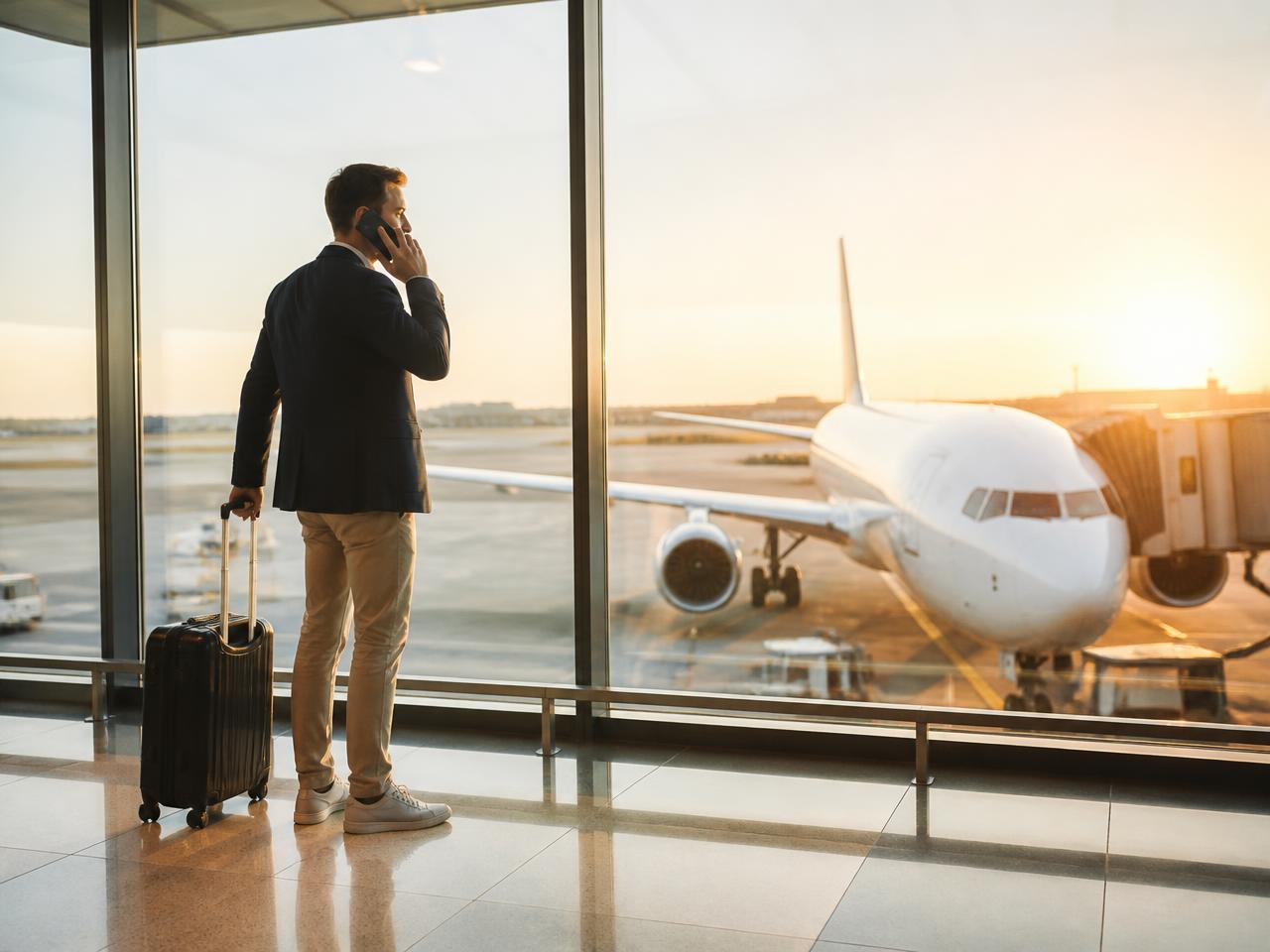 Traveler with luggage using a phone in an airport terminal